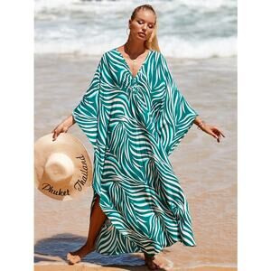 Breezy and Flowing Caftan Cover Up in Green One Size Fits Most